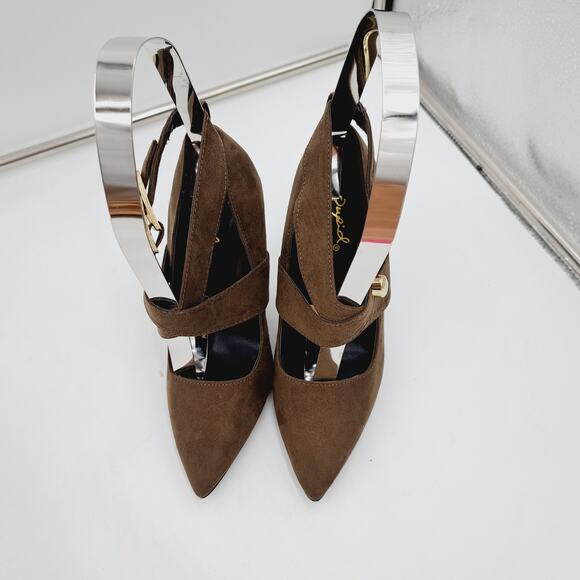 Qupid Khaki Green Cross Strap Goldtone Buckle Stilletto Heel Pointy Toe 5.5 - Picture 5 of 9